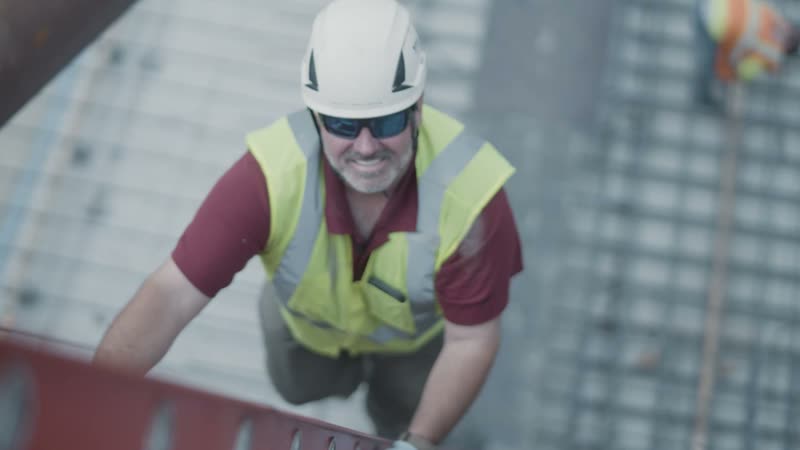 An ironworker in a hard hat smiling on a construction site